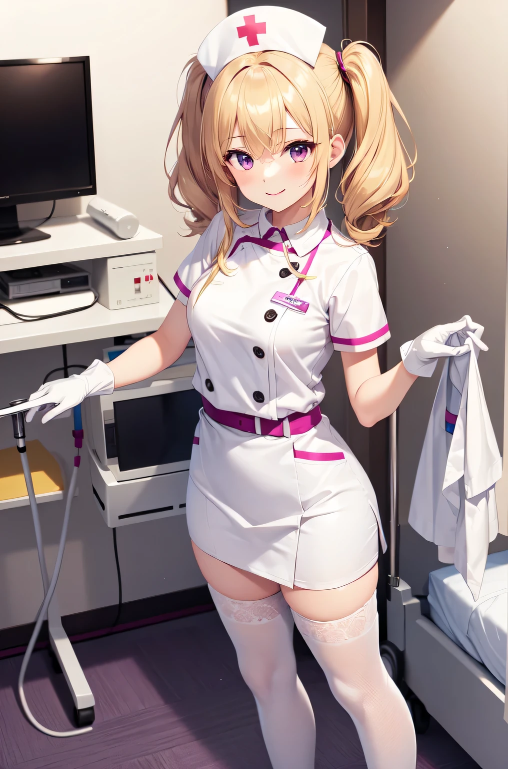 1girl, solo, nurse, nurse cap, white nurse uniform, ((white legwear, zettai ryouiki)), white gloves, twintails, yellow hair, purple eyes, smile, standing, ((hospital room)), sharp outline, short sleeves, best quality, masterpiece