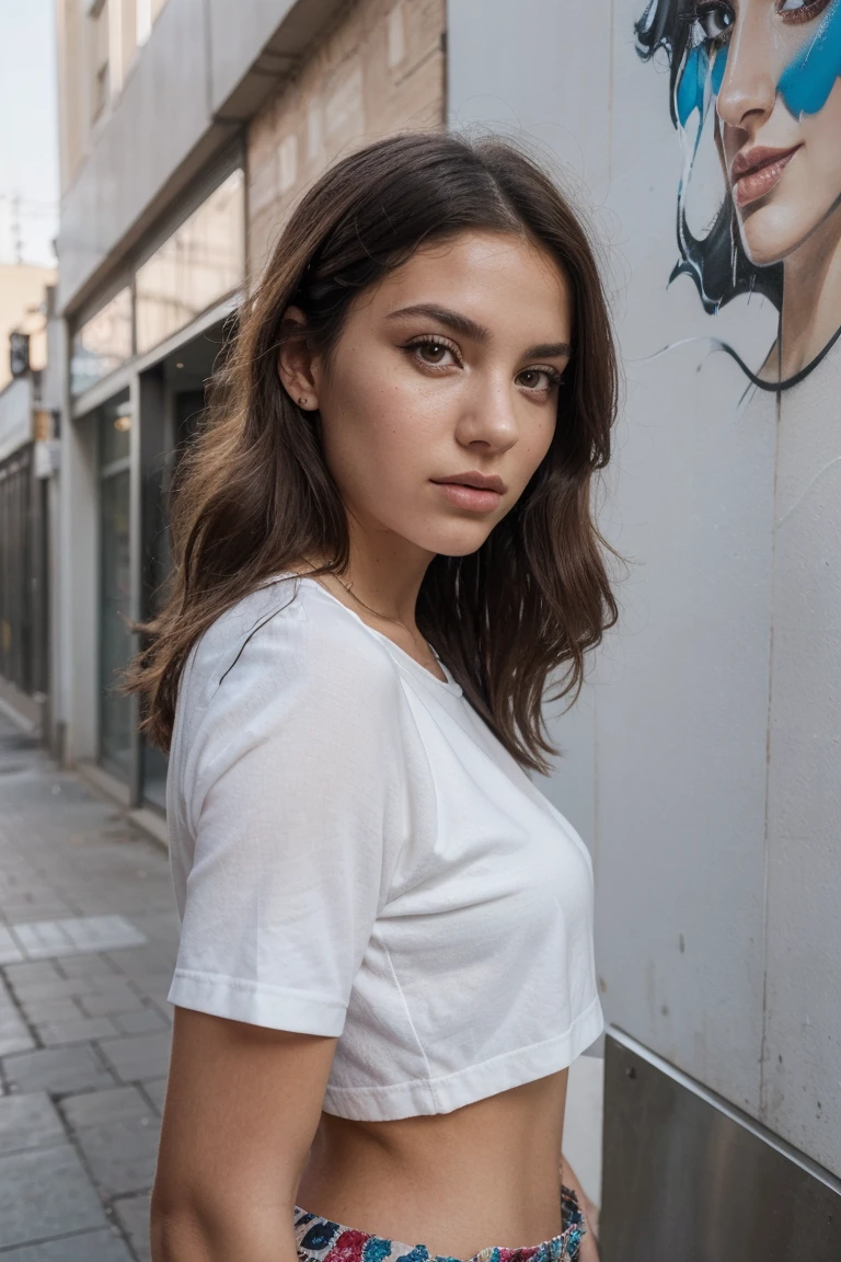 best quality, ultra-detailed, realistic:1.37), professional, beautiful detailed eyes, beautiful detailed lips, detailed facial features, natural skin tones, perfect skin texture, delicate facial expressions, image in high resolution, (Janette), 18yo, (an Afrikaner street art enthusiast), full body shot, side angle, pose in front of white surface. Her trendy urban outfit complements the colorful artwork, showcasing her appreciation for street art culture. The high-resolution image captures the intricate details of Janette's eyes, lips, and facial features, emphasizing her passion for urban art and self-expression.