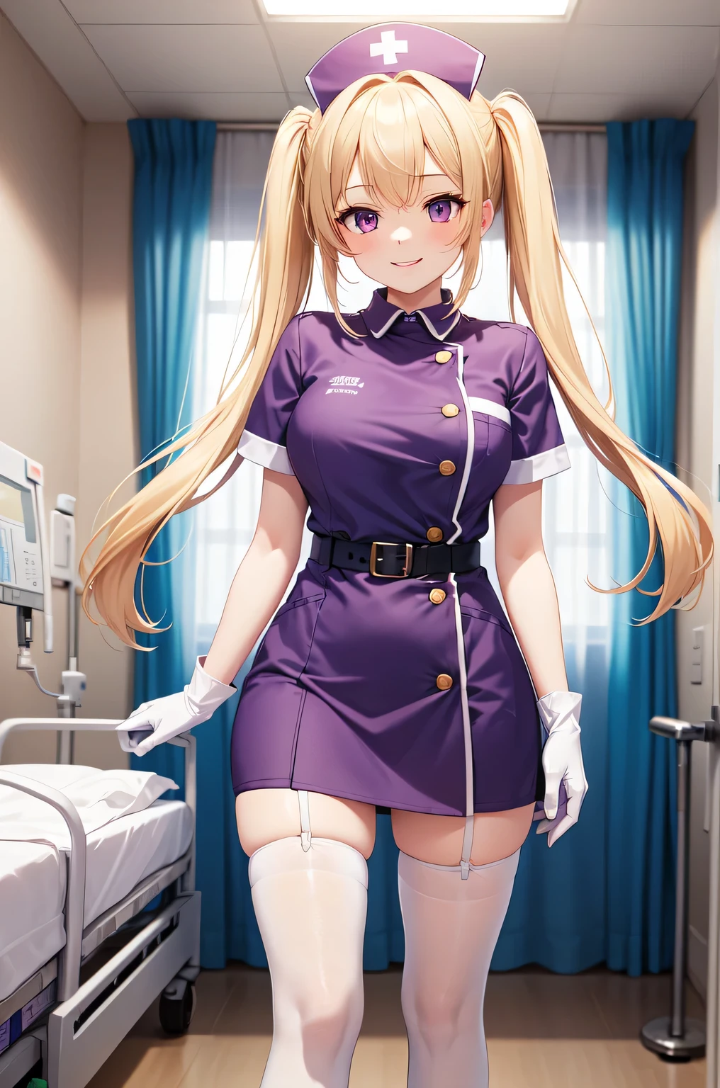 1girl, solo, nurse, nurse cap, white nurse uniform, ((white legwear, zettai ryouiki)), white gloves, twintails, yellow hair, purple eyes, smile, standing, ((hospital room)), sharp outline, short sleeves, best quality, masterpiece