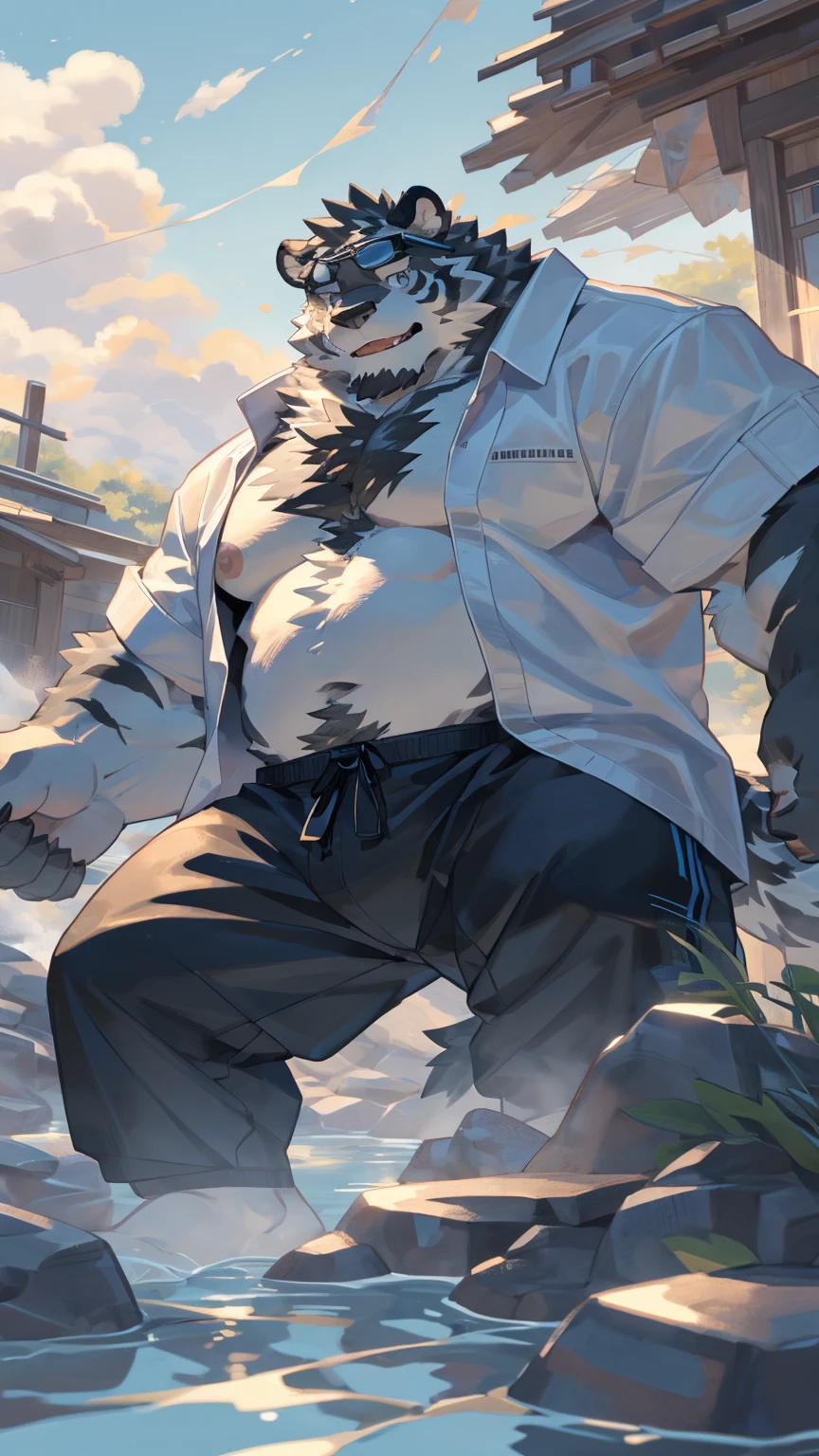 alone, ((Fluffy fur, Fluffy, hairy body)), detailed Fluffy fur, Detailed face, delicate Eye, Dynamic poses, (Super detailed), Sharp focus, Genji, Eye, hairy, (Gray black fur:1.5), White beard, human nature (black tiger), chest hair,male, middle aged, White belly, Increase chest muscles(((Muscular))), (endomorph body type:0.4), Not too fat, rest ((White trench coat,sunglasses,Swimming pants,Exposed breasts)), ultra Detailed face, High Detail, high quality, (best quality,4K,8K,High resolution,masterpiece:1.2), (close up:1.3), author:Takemoto Arashi, By Kulplant, author:ghost of emptiness, From raccoon21, Dynamic Lighting, Smile, (whole body:1.4), looking at the audience, eternal, close up肖像, indoorHigh resolution, 用hand托住肚子, hand.详细的hand,hot spring