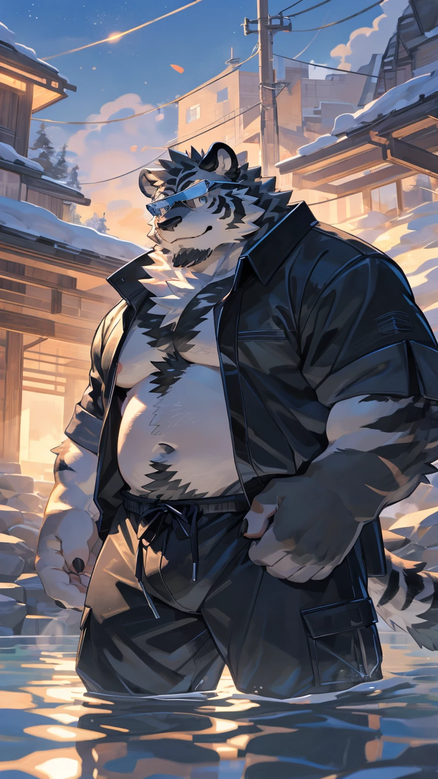 alone, ((Fluffy fur, Fluffy, hairy body)), detailed Fluffy fur, Detailed face, delicate Eye, Dynamic poses, (Super detailed), Sharp focus, Genji, Eye, hairy, (Gray black fur:1.5), White beard, human nature (black tiger), chest hair,male, middle aged, White belly, Increase chest muscles(((Muscular))), (endomorph body type:0.4), Not too fat, rest ((White trench coat,sunglasses,Swimming pants,Exposed breasts)), ultra Detailed face, High Detail, high quality, (best quality,4K,8K,High resolution,masterpiece:1.2), (close up:1.3), author:Takemoto Arashi, By Kulplant, author:ghost of emptiness, From raccoon21, Dynamic Lighting, Smile, (whole body:1.4), looking at the audience, eternal, close up肖像, indoorHigh resolution, 用hand托住肚子, hand.详细的hand,hot spring