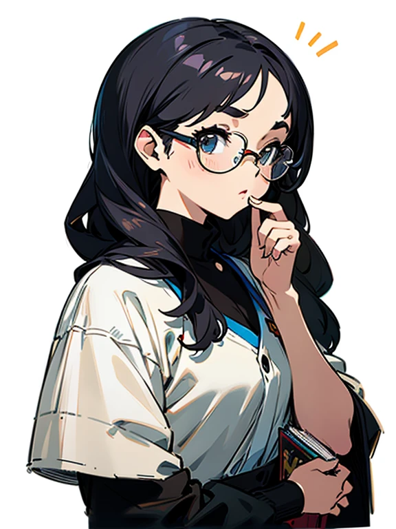 anime girl wear glasses and a book in her hand, artwork in the style of Gweitz, Gweitz, wear glasses, Ilya Kuvshinov with long hair, Artjam and Athi Gairan, long wavy black hair and glasses, wear glasses on, beautiful anime portrait, Digital anime illustration, Anime Girl Portrait, Style Art Germ