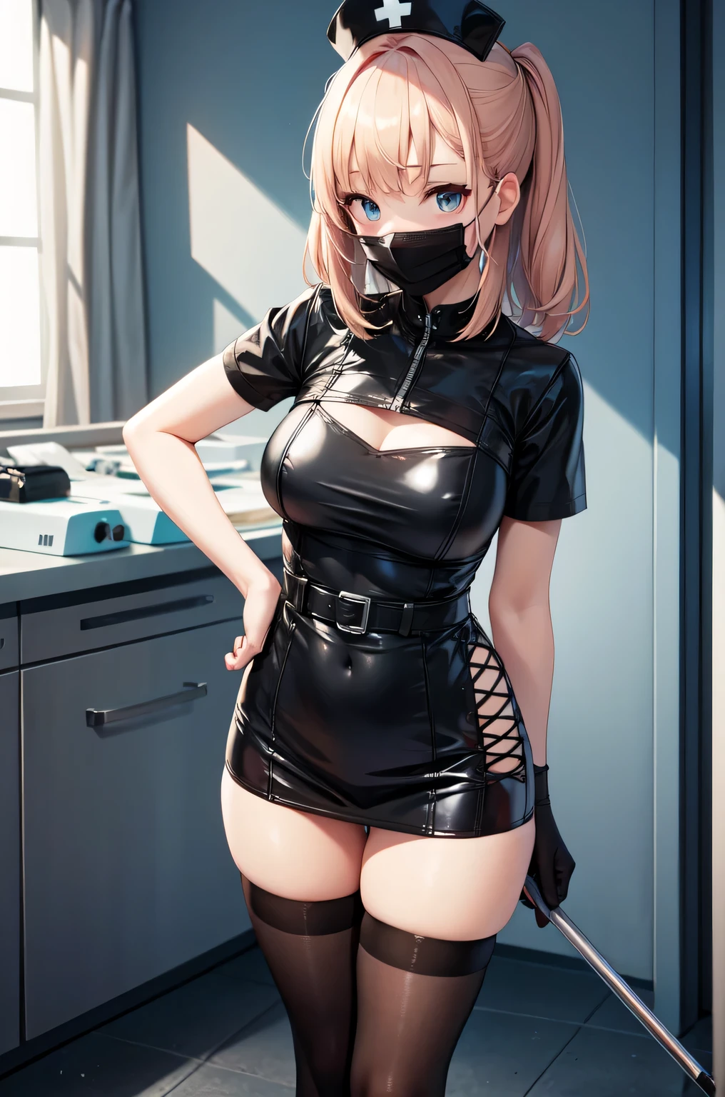 black nurse, 1woman, solo, black nurse cap, black nurse uniform, ((black legwear, zettai ryouiki)), black elbow gloves, blonde hair, blue eyes, ((black surgical mask, covered nose)), standing, ((surgery room)), sharp outline, short sleeves, mature female, 35 years old, best quality, masterpiece