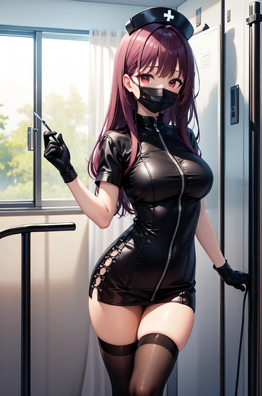 anime_still, masterpiece, best quality, 1girl, Gasai Yuno, long hair, pink hair, low twintails, sitting on a chair, old room, (large breasts:1.5),1girl, black choker, dark grey, (overalls:1.25), leather gloves, black boots, ((nigth:1.5)), (black face mask:1.25), from Below