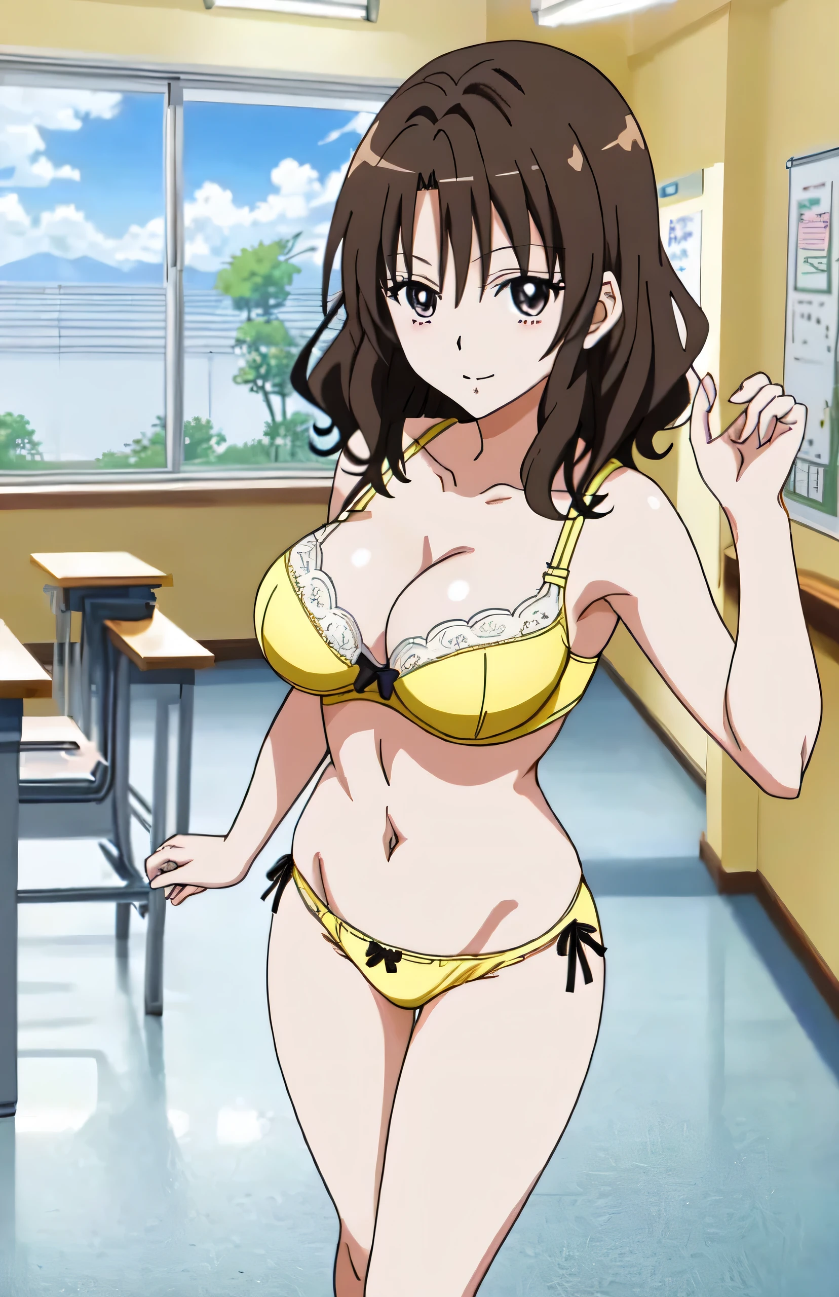 Anime Girls in a yellow bra with a black bow and yellow panty with a black bow、Woman with short brown hair、Brown eyed woman、Wavy Hair、seductive anime woman、clothing:Yellow bra、Yellow panties、White knee-high socks、Bare shoulders、Bare Arms、Tall Woman、Sexy vibe、Anime Moe Art Style、Big Breasts、woman with very large breasts、(Anime Girls)、attractive Anime Girls、Naughty anime style、Beautiful attractive anime teen、Smooth anime CG art、School classroom、indoor、cleavage、bra with an yellow、panty with an yellow、knee-high socks with an white、whole body、Indoor shoes、A girl is standing、Digital anime art!!、female focus、Perfect body、sexy Anime Girls、Full Body、Best anime girl、solo、Underwear only、Bra and panties only、8k!!、High resolution!!、