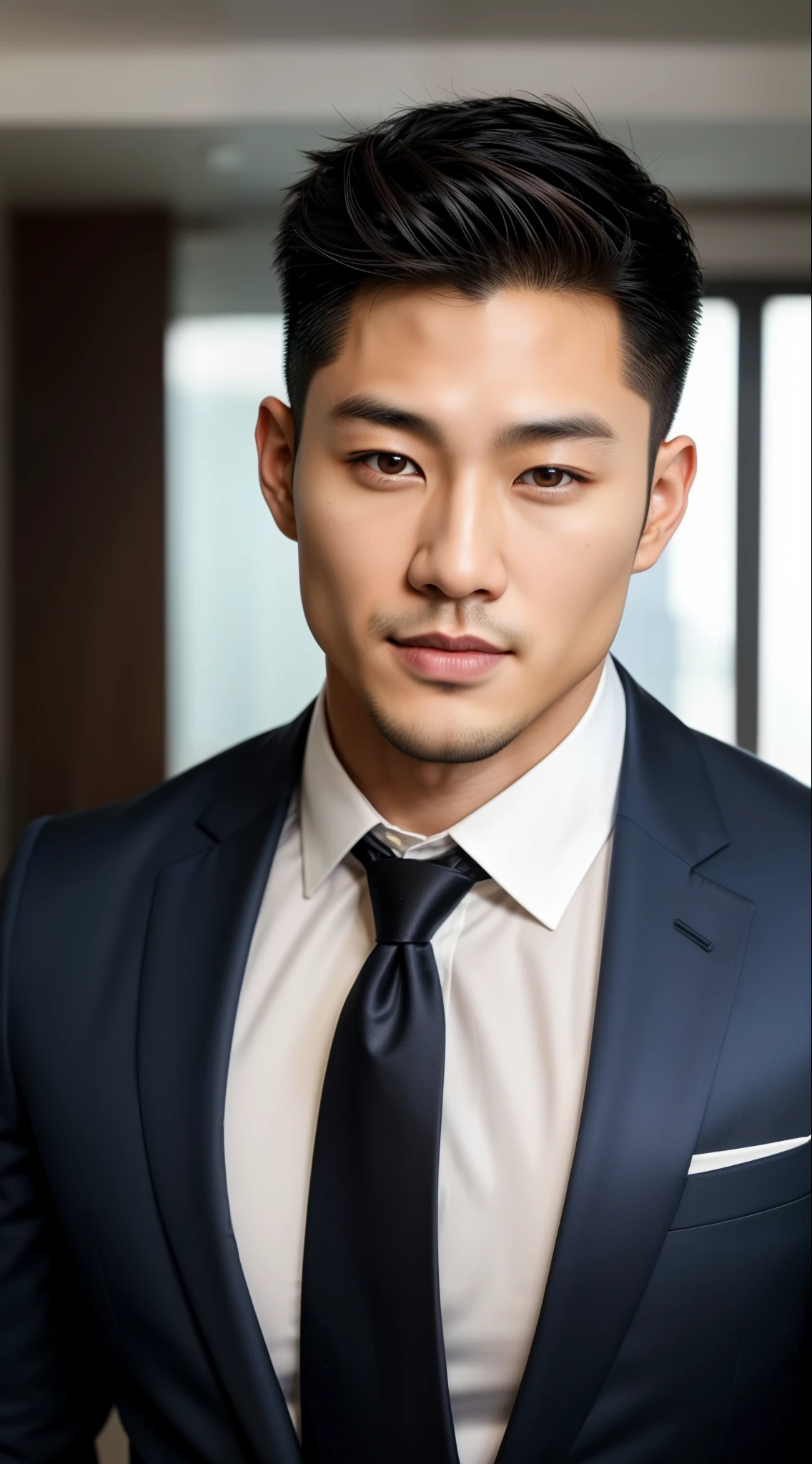 Man 32 years old, Korean, muscular, light skin, light hair, handsome, perfect features, well-aligned hair, WITH A STRAIGHT BEARD wearing a black suit, sexy, Christian gray style