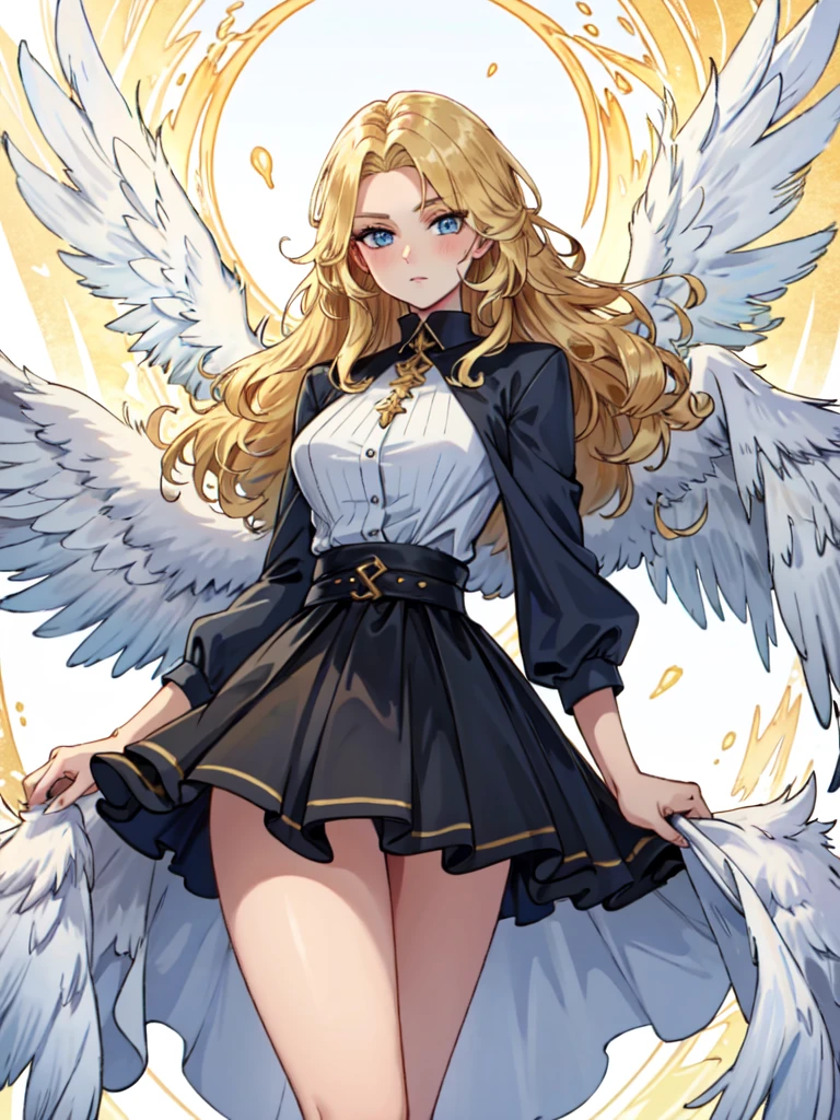 angel, long hair, wings, beautiful, sexy, blue eyes, golden hair, blonde hair, golden blonde hair, skirt, modern outfit
