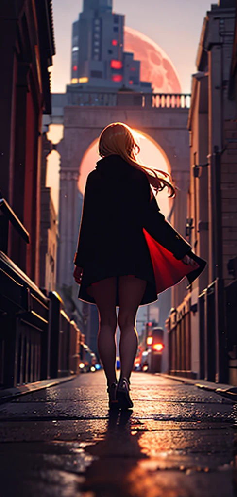 Blonde woman，Long coat，mini skirt，Rear View，silhouette，Red Moon，Red Night，