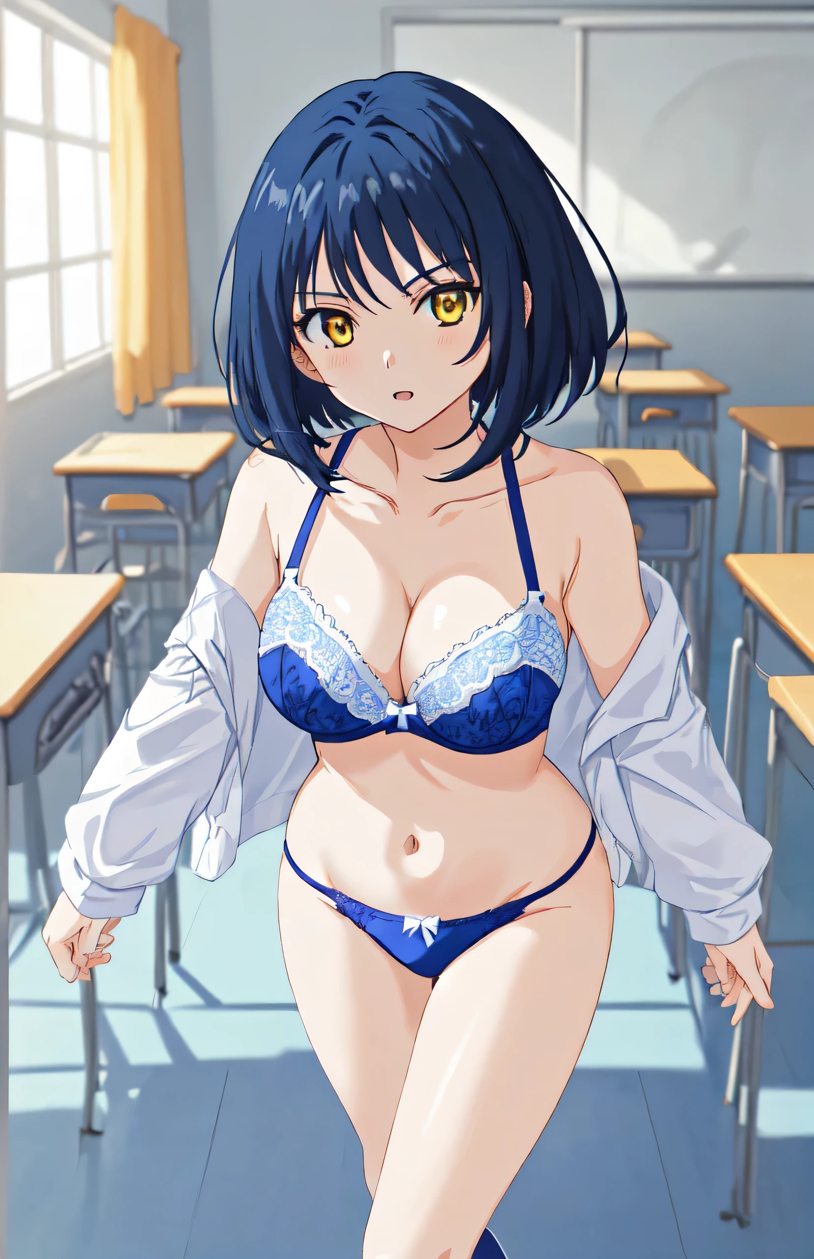 Anime Girls in a blue bra with a white lace trim and blue panty with a white bow、Woman with short dark blue hair、woman with yellow eyes、Bobcut、seductive anime woman、clothing:Blue bra、Blue panties、Navy blue knee socks、Bare shoulders、Bare Arms、Tall Woman、Cool vibe、Anime Moe Art Style、Big Breasts、woman with very large breasts、(Anime Girls)、attractive Anime Girls、Naughty anime style、Beautiful attractive anime teen、Smooth anime CG art、School classroom、indoor、cleavage、bra with an blue、panty with an blue、high socks with an navy blue、whole body、Indoor shoes、A girl is standing、Digital anime art!!、female focus、Perfect body、cool Anime Girls、Full Body、Best anime girl、solo、Underwear only、Bra and panties only、8k!!、High resolution!!、