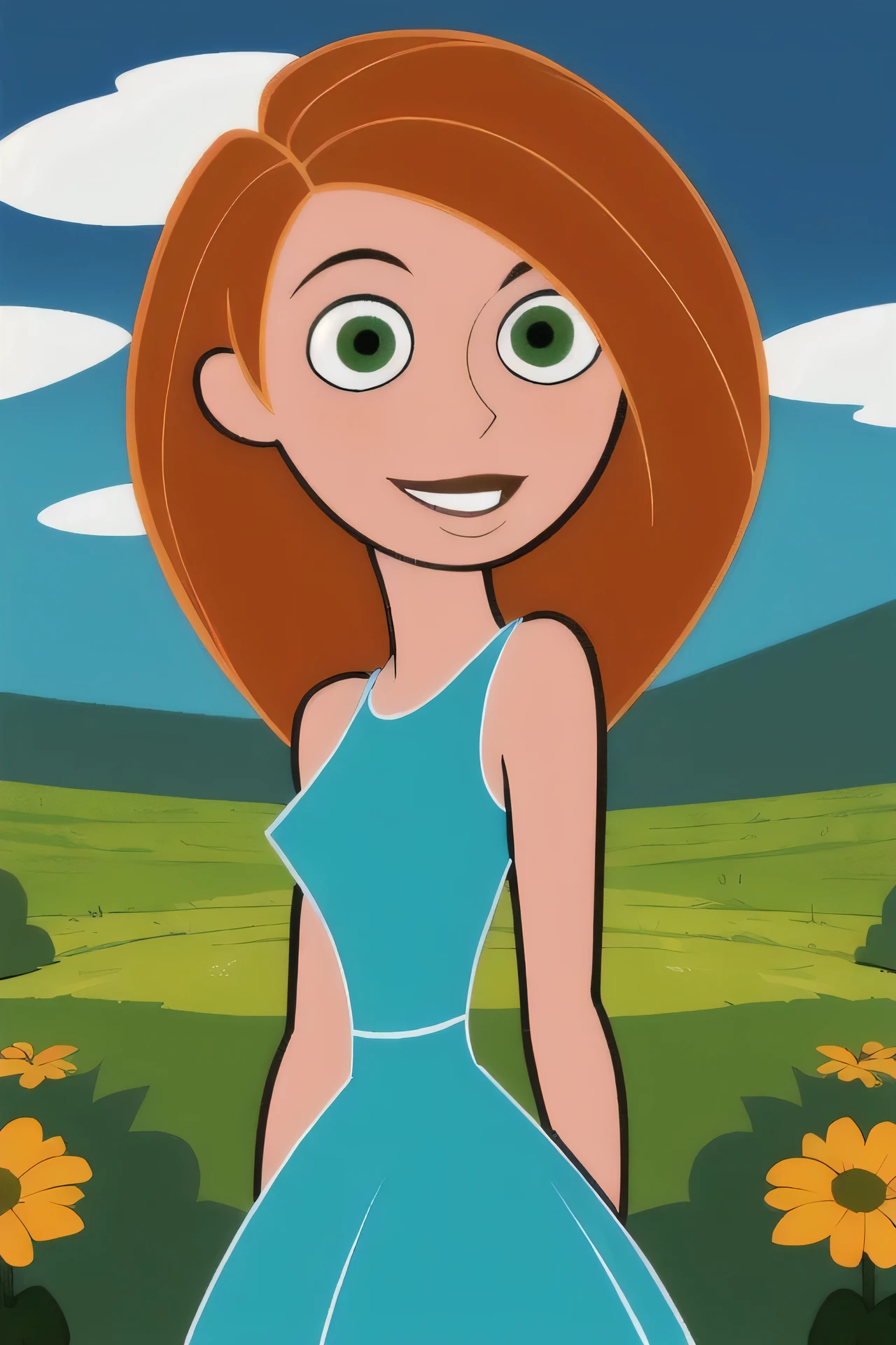 (masterpiece, best quality:1.3), 1girl, looking at viewer, kimberly ann possible, parted lips, upper body, standing, collarbone, bare shoulders, blush, colored skin, orange hair, long hair, absurdly long hair, green eyes, medium breasts, (skindentation:1.2), blue sequin dress, loose clothes, sleeveless, blue sky, clouds, garden, landscape, smile