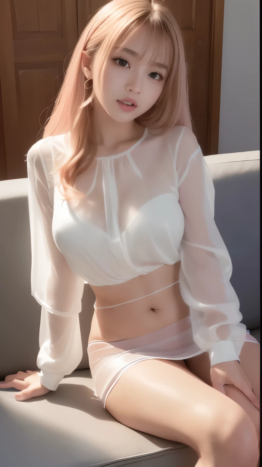 masterpiece、highest quality、超A high resolution、Surreal、Ultra-detailed、Golden Ratio、(Photorealistic)、Raw photo、(Degrees of Freedom:1.5)、 1 Japanese Women, solo, cute,full body shot,High angle shot,Bust Sharp Focus:1.2, ((Tight white sheer blouse,Pink sheer micro mini skirt)), 非常にDetailed faceと体のテクスチャ,( Fine grain, Eyes Away 1.6,Realistic eyes, 美しくてFine grain), (Detailed face:1.2,), ((sit with your legs spread apart,sofa)),(Big Mouth:1.8,Thick lips:1.4),Half Up Hair