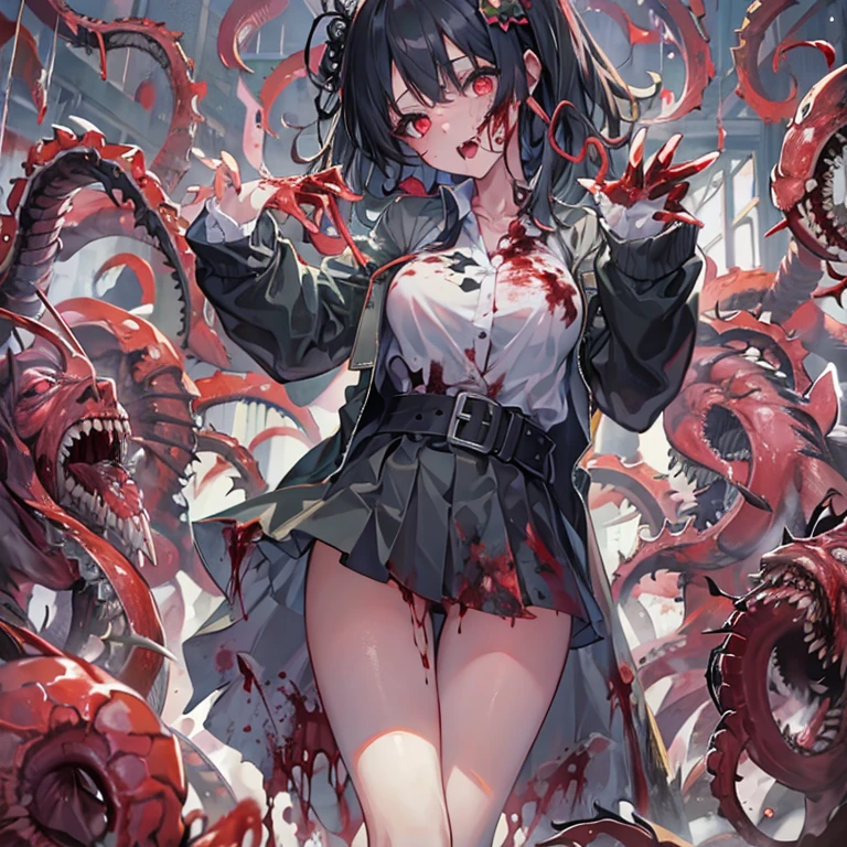 masterpiece, best quality, masterpiece,best quality,official art,extremely detailed CG unity 8k wallpaper, show foot, , solo, kawaii, no_humans, medium hair, black hair, tentacle hair, saliva, blood on face, light blush, red eyes, blood from eyes, large breasts, hanging breasts, one breast out, seifuku, black pantyhose, uwabaki, tentacle, vore, bdsm, girl_on_top, sex, femdom, facesitting, pussy_juice, female_ejaculation, cum, zombie  girl ，one girl one boy，Girl infects man，Man under girl，Zombie girl，Blood on the face，Zombie girl感染人类