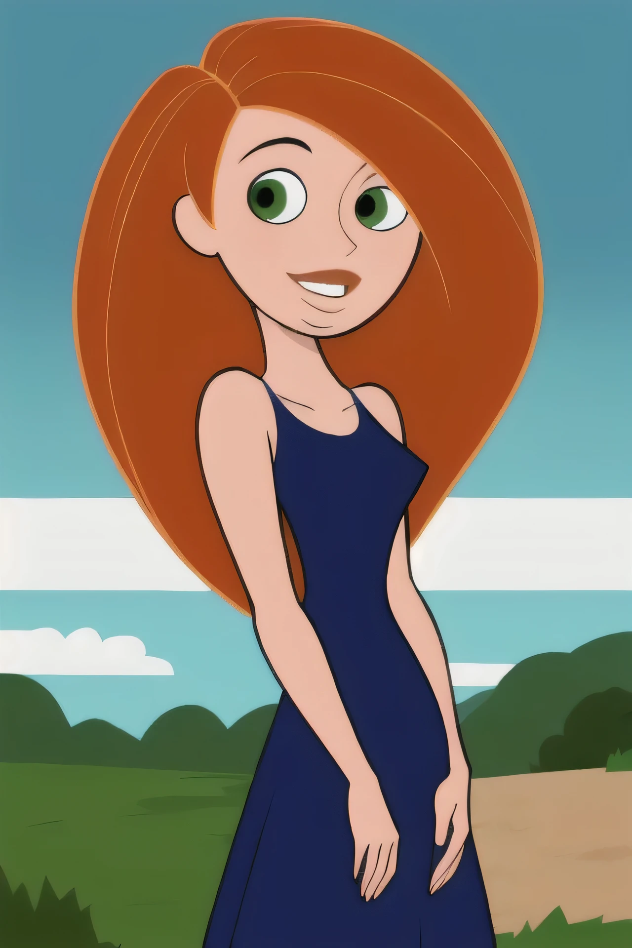 (masterpiece, best quality:1.3), 1girl, looking at viewer, kimberly ann possible, parted lips, upper body, standing, collarbone, bare shoulders, blush, colored skin, orange hair, long hair, absurdly long hair, green eyes, medium breasts, (skindentation:1.2), blue sequin dress, loose clothes, sleeveless, blue sky, clouds, garden, landscape, smile