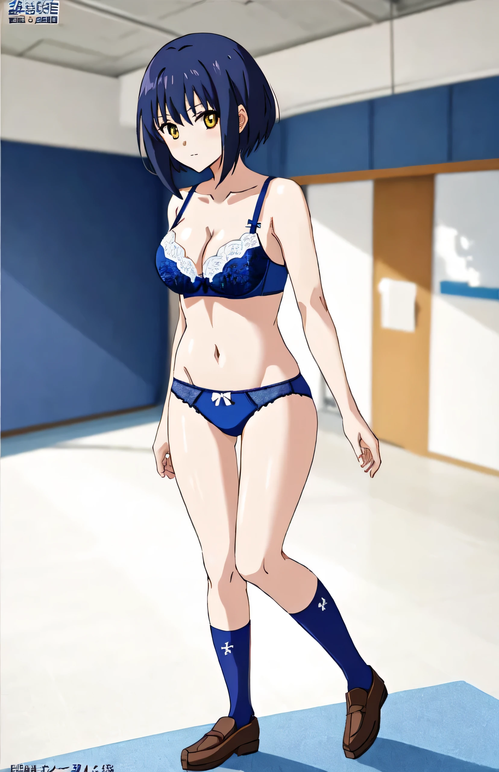 Anime Girls in a blue bra with a white lace trim and blue panty with a white bow、Woman with short dark blue hair、woman with yellow eyes、Bobcut、seductive anime woman、clothing:Blue bra、Blue panties、Navy blue knee socks、Bare shoulders、Bare Arms、Tall Woman、Cool vibe、Anime Moe Art Style、Big Breasts、woman with very large breasts、(Anime Girls)、attractive Anime Girls、Naughty anime style、Beautiful attractive anime teen、Smooth anime CG art、School classroom、indoor、cleavage、bra with an blue、panty with an blue、high socks with an navy blue、whole body、Indoor shoes、A girl is standing、Digital anime art!!、female focus、Perfect body、cool Anime Girls、Full Body、Best anime girl、solo、Underwear only、Bra and panties only、8k!!、High resolution!!、