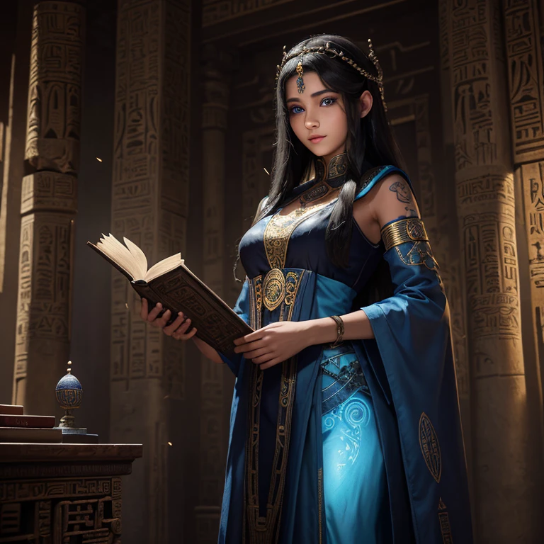 full length,in the library of an ancient temple, a young female sorceress with long dark hair, with blue glowing eyes, wearing organza clothes embroidered with hieroglyphs, a tattoo of hieroglyphs on her face, stands next to a book with spells,high resolution , high detail, hyper detail, slight sly smile, darkness and shadows