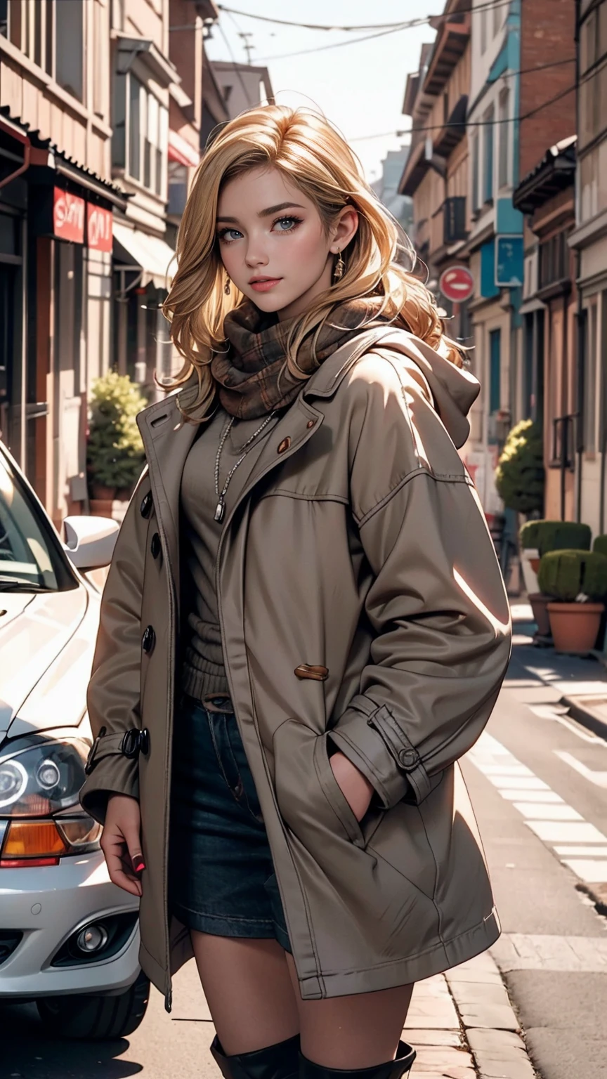 ((最high quality, 8K, masterpiece: 1.3, Ultra HD, high quality, 最high quality, High resolution, realism)) 、25-year-old Caucasian female、Platinum Blonde、blue eyes、long hair、Hair above one eye、smile、slender、A voluptuous, feminine body、I want my head to stay off screen、Wear accessories on your wrist、Wearing red nail polish、I have a peticure、(High saturation:1.0), (Highly detailed skin), (最high quality:1.0), (超High resolution:1.0) ,(Realistic:1.0), (Very detailed:1.0), (8K, Raw photo:1.1), I'm in the desert with sand dunes stretching as far as the eye can see.、Wear a thick coat、put on a hood、Wrap a mesh scarf around your neck、Cover your mouth with a scarf、Wear lace-up boots、An SUV stops a short distance away.、Ruts remain behind the car、The car is dirty with dust、The strong sunlight shines down