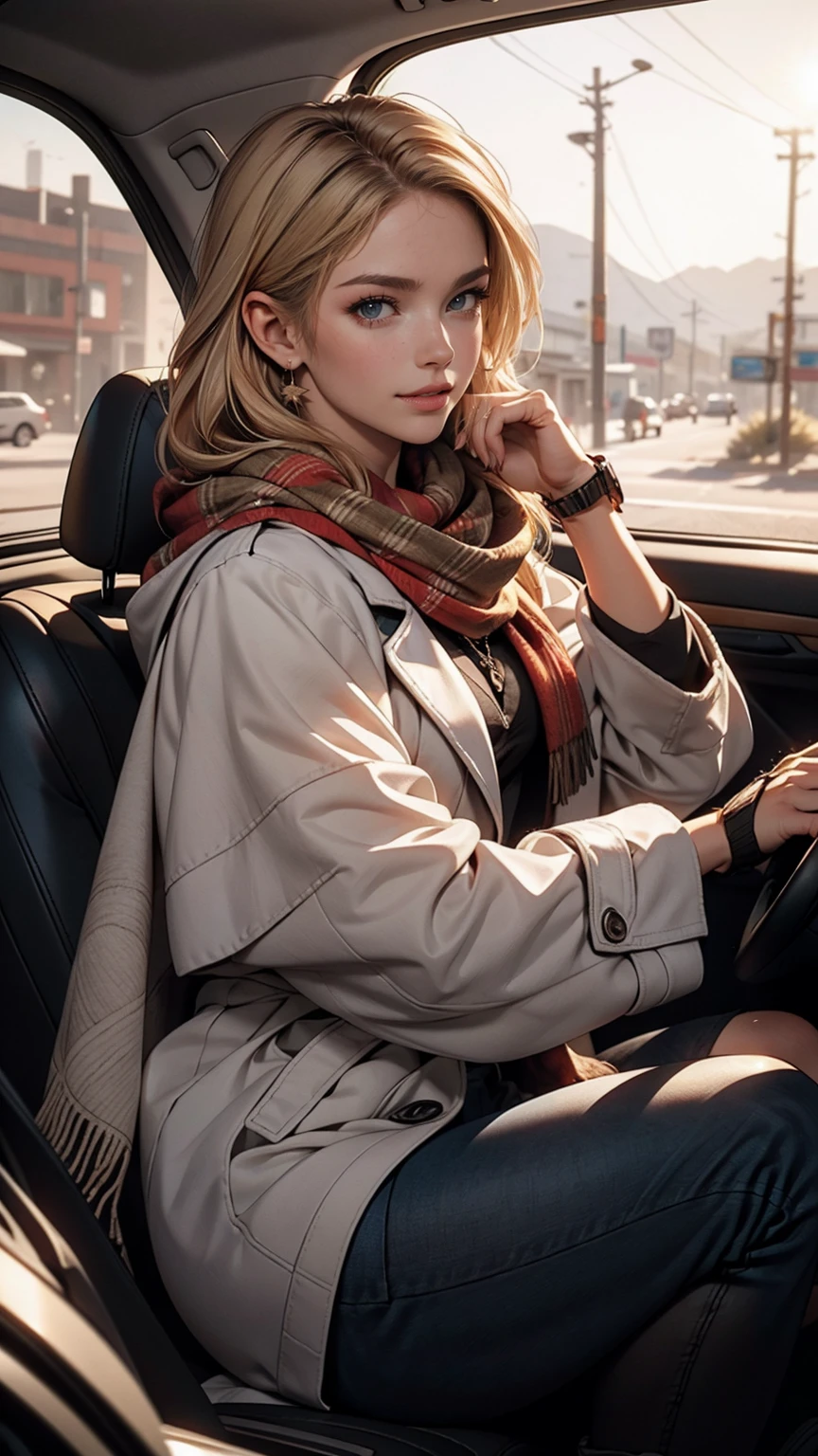 ((最high quality, 8K, masterpiece: 1.3, Ultra HD, high quality, 最high quality, High resolution, realism)) 、25-year-old Caucasian female、Platinum Blonde、blue eyes、long hair、Hair above one eye、smile、slender、A voluptuous, feminine body、I want my head to stay off screen、Wear accessories on your wrist、Wearing red nail polish、I have a peticure、(High saturation:1.0), (Highly detailed skin), (最high quality:1.0), (超High resolution:1.0) ,(Realistic:1.0), (Very detailed:1.0), (8K, Raw photo:1.1), I'm in the desert with sand dunes stretching as far as the eye can see.、Wear a thick coat、put on a hood、Wrap a mesh scarf around your neck、Cover your mouth with a scarf、Wear lace-up boots、An SUV stops a short distance away.、Ruts remain behind the car、The car is dirty with dust、The strong sunlight shines down