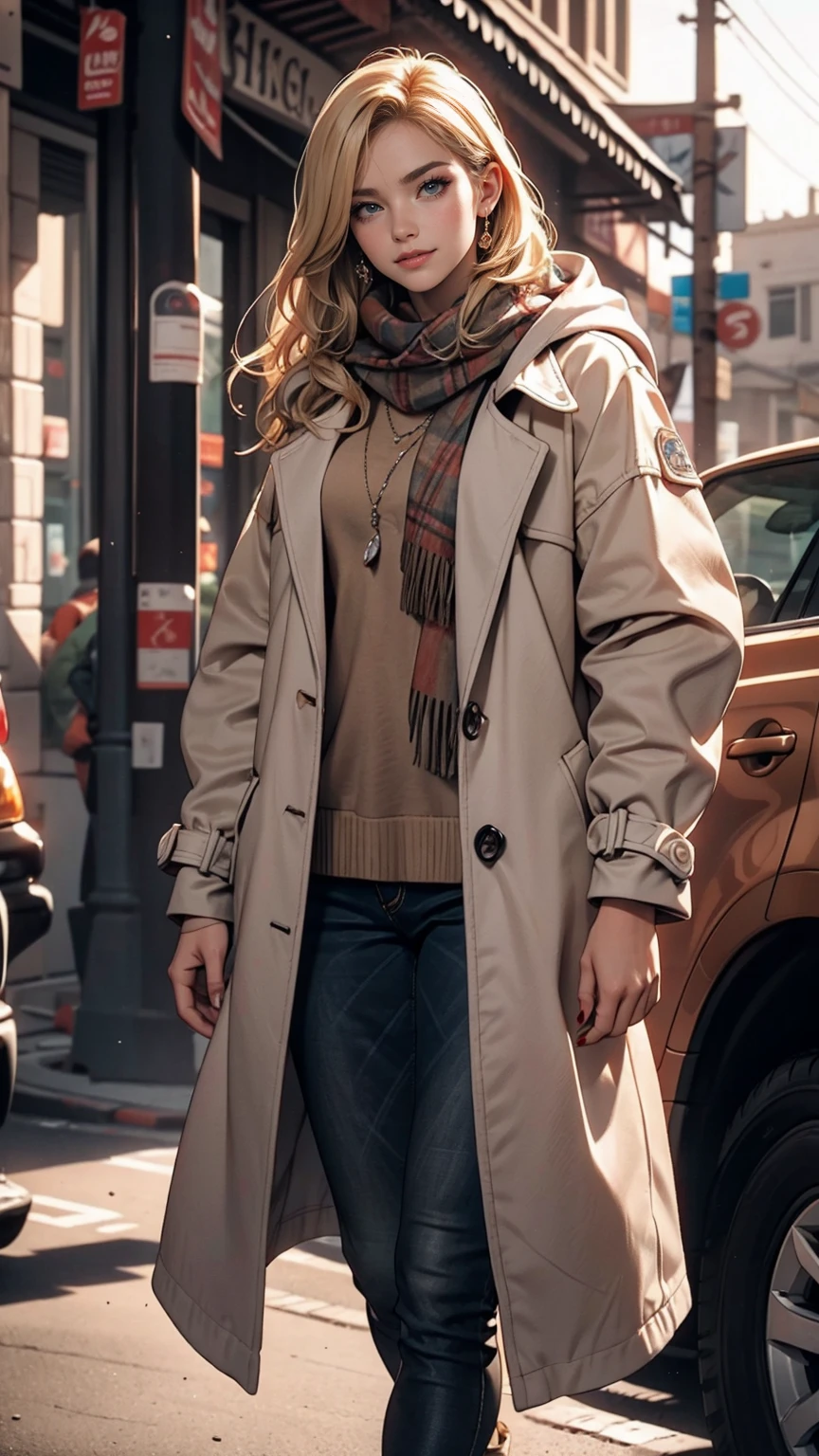 ((最high quality, 8K, masterpiece: 1.3, Ultra HD, high quality, 最high quality, High resolution, realism)) 、25-year-old Caucasian female、Platinum Blonde、blue eyes、long hair、Hair above one eye、smile、slender、A voluptuous, feminine body、I want my head to stay off screen、Wear accessories on your wrist、Wearing red nail polish、I have a peticure、(High saturation:1.0), (Highly detailed skin), (最high quality:1.0), (超High resolution:1.0) ,(Realistic:1.0), (Very detailed:1.0), (8K, Raw photo:1.1), I'm in the desert with sand dunes stretching as far as the eye can see.、Wear a thick coat、put on a hood、Wrap a mesh scarf around your neck、Cover your mouth with a scarf、Wear lace-up boots、An SUV stops a short distance away.、Ruts remain behind the car、The car is dirty with dust、The strong sunlight shines down