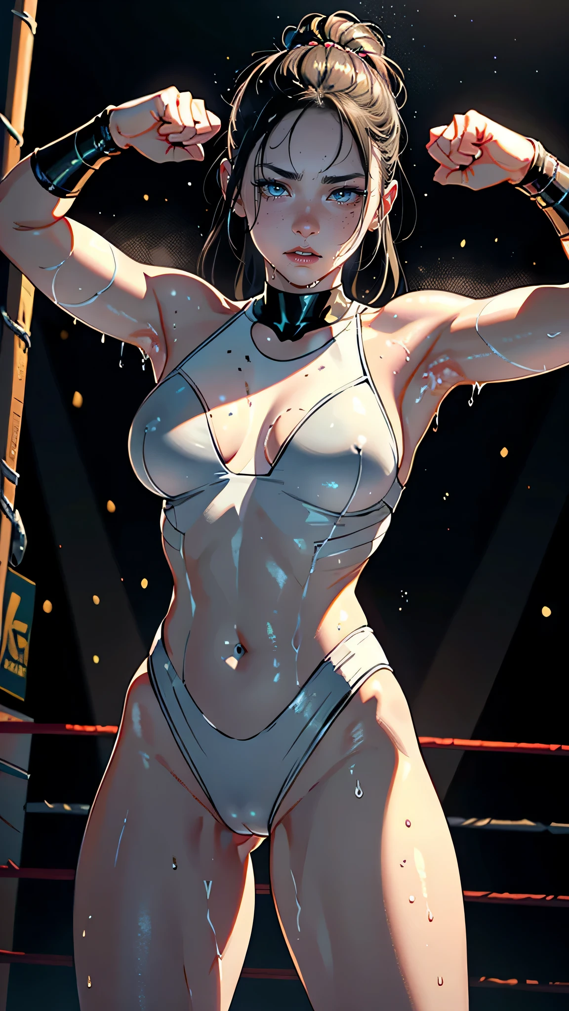 masterpiece, highest quality, (Highly detailed CG Unity 8k wallpaper), (highest quality), (Best illustrations), (Best Shadow), Confused, Realistic lighting, (abyss), Beautiful and delicate shine,victory,Random Pause,((Bare skin wet with sweat,Female professional wrestler)),Cute freckles on the cheeks,Mole under left eye,Cowboy Shot,Hair wet with sweat,Luxuriously decorated wrestling costume,pain,suffering,ring,High Kick,