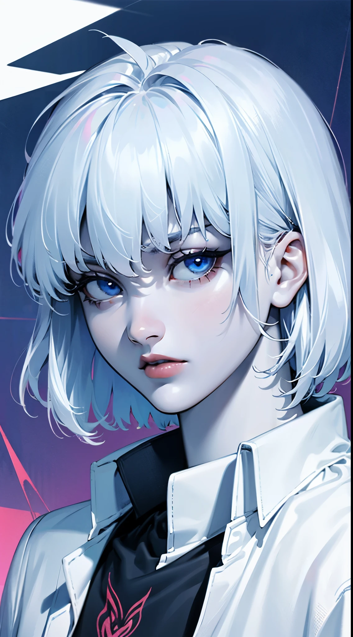 Boy, silver hair, blue eyes, serious sharp features, white skin, T-shirt sleeves