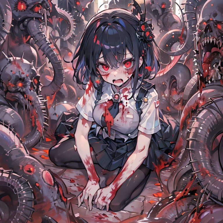 masterpiece, best quality, masterpiece,best quality,official art,extremely detailed CG unity 8k wallpaper, show foot,  girl, solo, kawaii, no_humans, medium hair, black hair, tentacle hair, saliva, blood on face, light blush, red eyes, blood from eyes, large breasts, hanging breasts, one breast out, seifuku, black pantyhose, uwabaki, tentacle, vore, bdsm, girl_on_top, sex, femdom, facesitting, pussy_juice, female_ejaculation, cum, zombie  girl ，one girl one boy，Girl infects man，Man under girl，Zombie girl，Blood on the face，Zombie girl感染人类