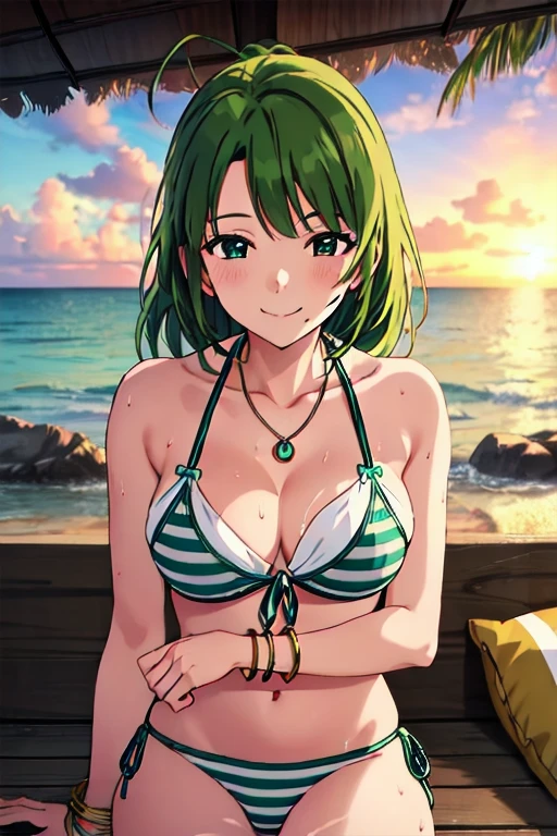 1 girl, alone, Upper Body, Face-to-face audience, Looking at the audience, smile, Micaboin, Sunburn, SunburnLINES, necklace, bracelet, Striped bikini, multicolored stripes, Side tie bikini bottom,Green Hair,((Browsing Caution))