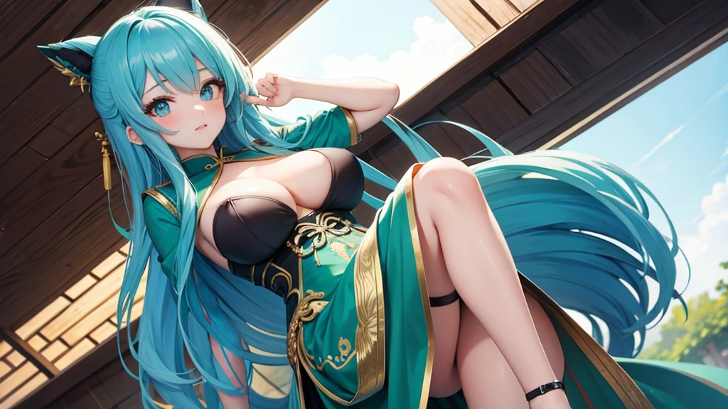 A girl with long blue hair covering one eye, emerald green eyes, and exposed breasts in a cheongsam