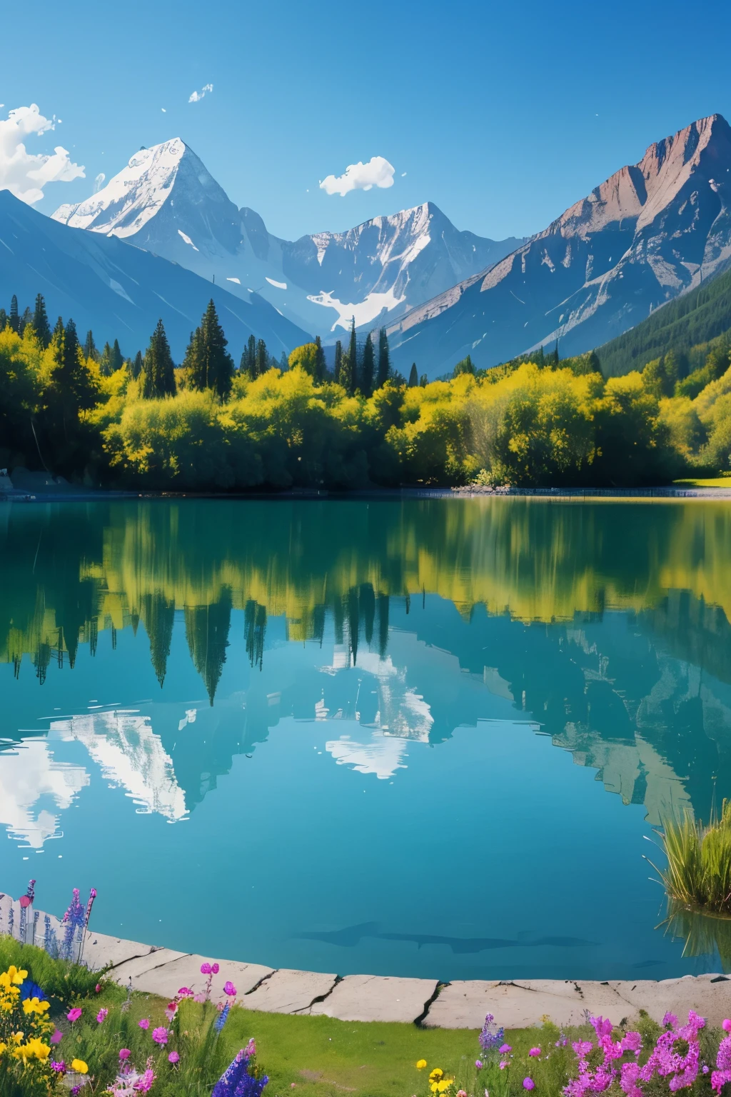 I want a place where there are big mountains, a lake and in the center there is a kiosk with many flowers and the water is blue without reflection of the mountains 