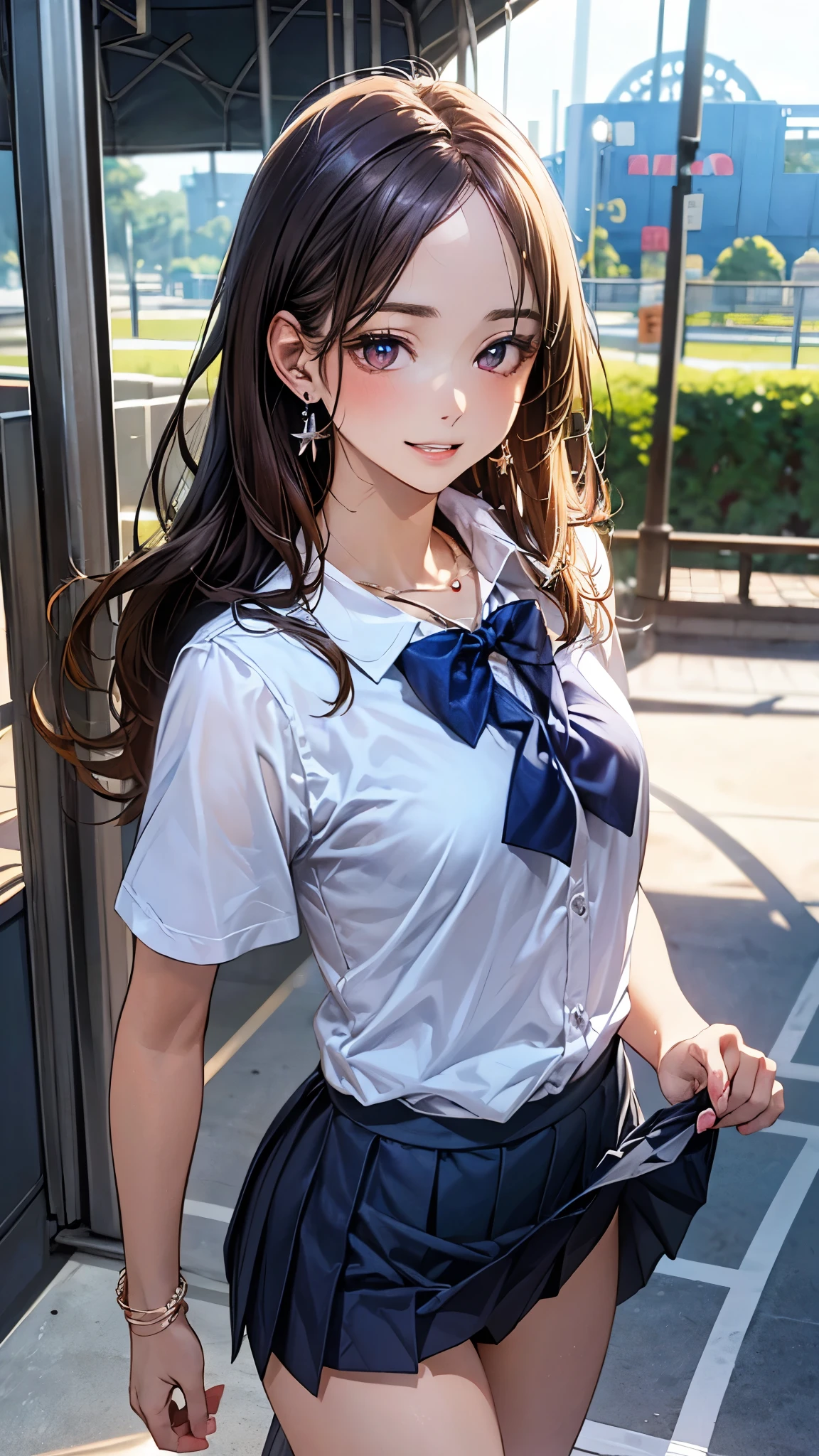 (masterpiece:1.2, top-quality), (realistic, photorealistic:1.4), beautiful illustration, (natural side lighting, movie lighting), nsfw,
beautiful detailed hair, beautiful detailed face, beautiful detailed eyes, beautiful clavicle, beautiful body, beautiful chest, beautiful thigh, beautiful legs, beautiful hands,
looking at viewer, 1 girl, japanese, high school girl, perfect face, cute and symmetrical face, shiny skin,
(long hair, straight hair, brown hair), forehead, gray eyes, slant eyes, big eyes, long eye lasher, (medium breasts), (small ass, thin thighs), slender, outstanding style,
(detailed cloth texture, short sleeve white collared shirt, navy school vest, navy pleated skirt, blue bow tie), earrings, necklace, wrist chakra, wrist chouchou,
(beautiful scenery), amusement park, go-round, ferris wheel, (walking, skirt hold), (seductive smile, upper eyes, parted lips),