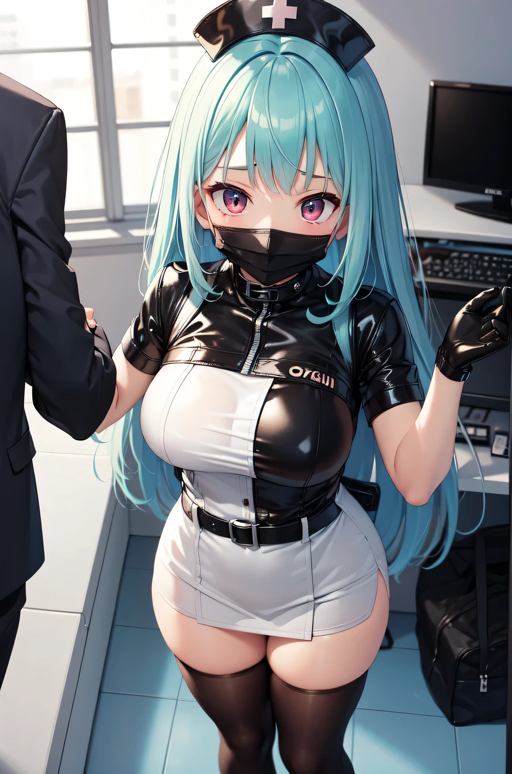 black nurse, 1woman, solo, black nurse cap, black nurse uniform, ((black legwear, zettai ryouiki)), black elbow gloves, forehead, long hair, green hair, pink eyes, ((black surgical mask, covered nose)), standing, ((surgery room)), sharp outline, short sleeves, mature female, 35 years old, best quality, masterpiece