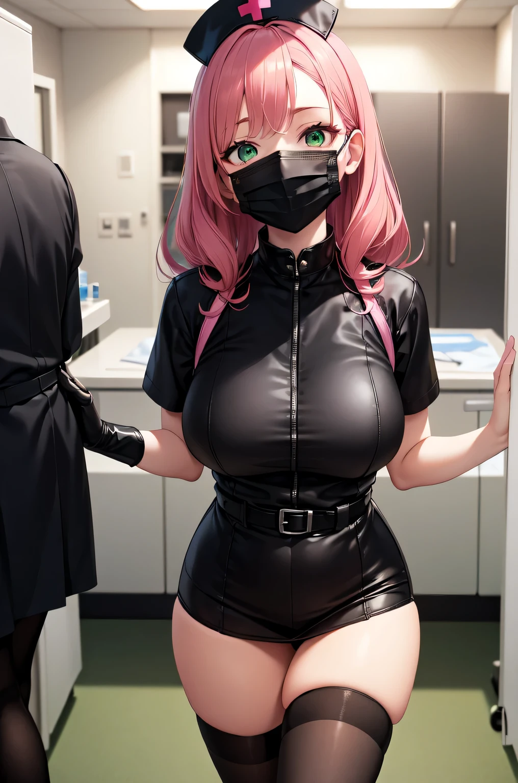 black nurse, 1woman, solo, black nurse cap, black nurse uniform, ((black legwear, zettai ryouiki)), black elbow gloves, pink hair, green eyes, drooping eyes, ((black surgical mask, covered nose)), standing, ((surgery room)), sharp outline, short sleeves, mature female, 32 years old, best quality, masterpiece