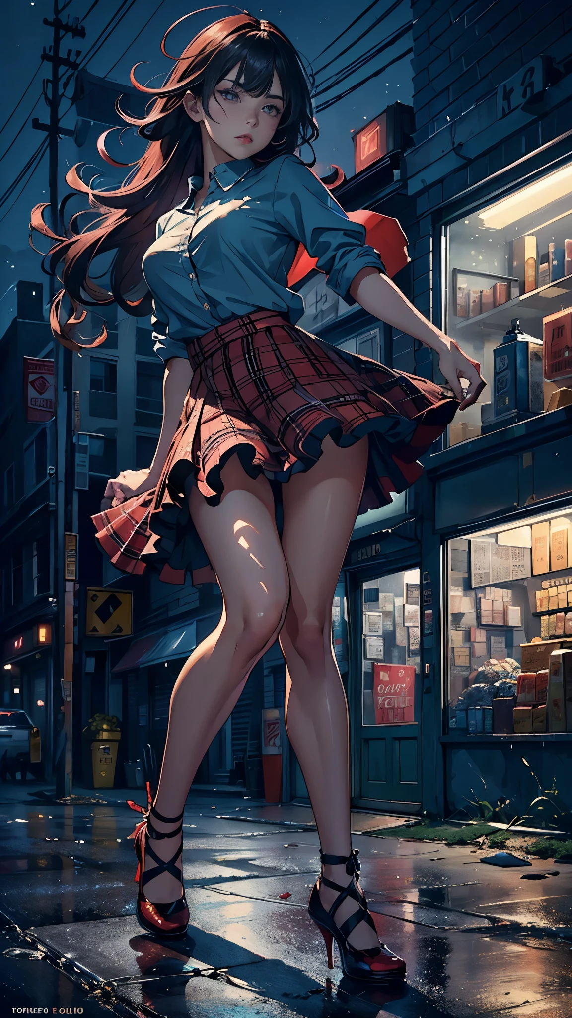 ((looking at the camera in:1.2)),(nearing perfection:1.4),dynamic,smooth private parts,Focus sharp,Lighting,Vibrant brushstrokes, bold colour,Be expressive, Emotional, offcial art,Unity8k wallpaper,ultra - detailed,Beautiful and beautiful,tmasterpiece,Best quality at best,1 girl,beautiful eyes,The content is very detailed,dynamic,(Ruffled skirt),(medium:1.3),Chaos in its most beautiful form,Elegant,designs,Vibrant colors,(Corner store,fleeing,the night,shoe),8k,