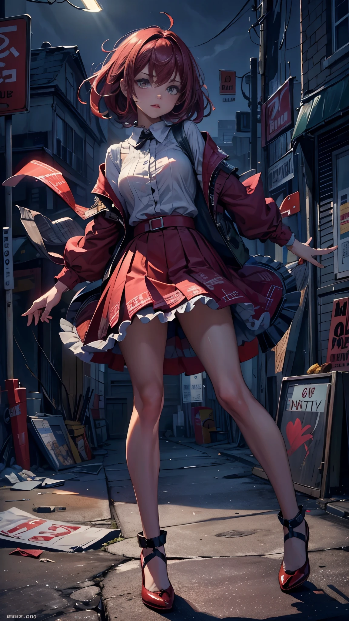 ((looking at the camera in:1.2)),(nearing perfection:1.4),dynamic,smooth private parts,Focus sharp,Lighting,Vibrant brushstrokes, bold colour,Be expressive, Emotional, offcial art,Unity8k wallpaper,ultra - detailed,Beautiful and beautiful,tmasterpiece,Best quality at best,1 girl,beautiful eyes，The content is very detailed,dynamic,(Ruffled skirt)，(medium:1.3),Chaos in its most beautiful form,Elegant,designs,Vibrant colors,(Corner store，fleeing，the night，shoe)，8k，