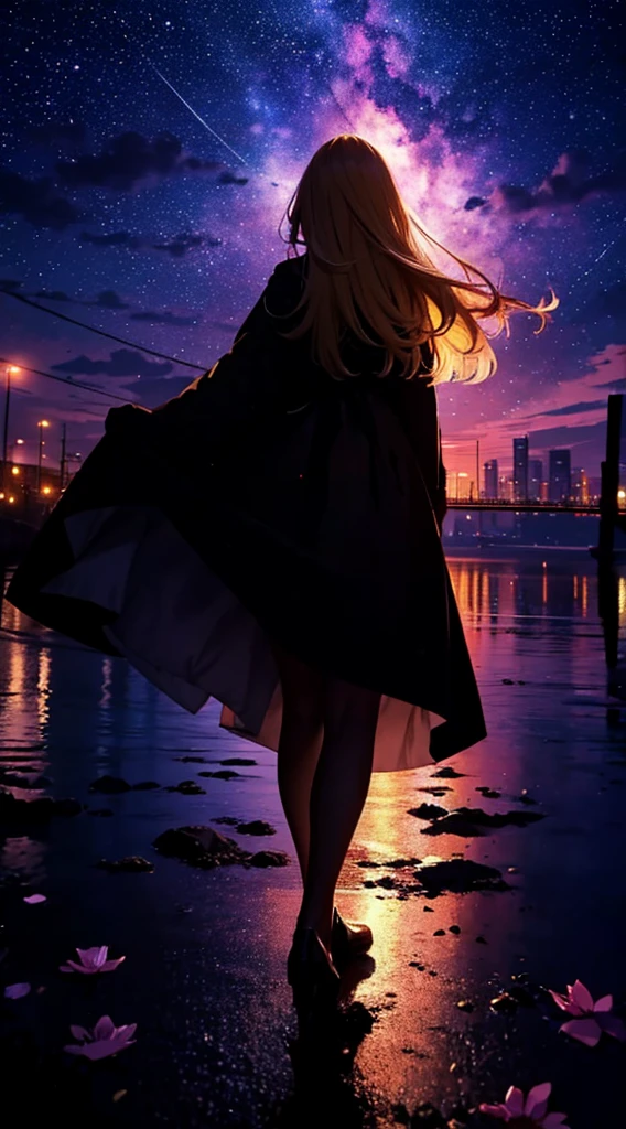 １people々々,Blonde long-haired woman，Long coat， Dress Silhouette， Rear View，Space Sky, comet, Anime Style, Dancing Petals，Night view of the town across the river from the beach，