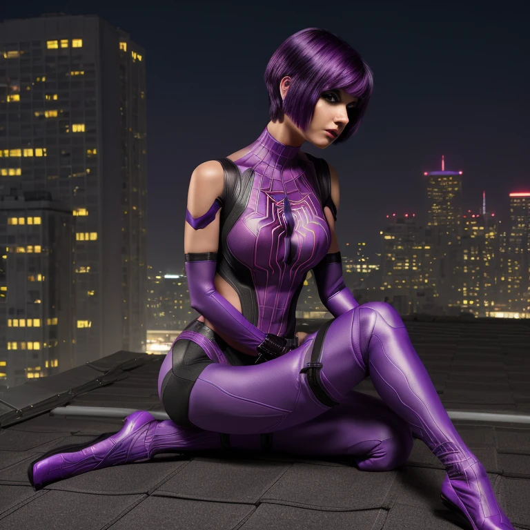 Very beautiful woman,Neon purple short bob,sexy figure,Put on the Spider-Woman hero outfit.,Sit sneaking.,On the roof of the building,evening time,High resolution images