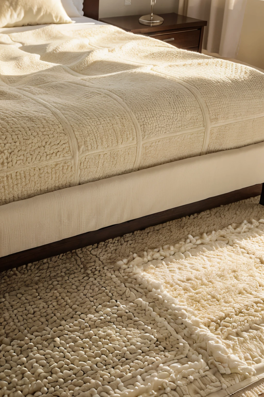 close-up of a beautiful, fluffy carpet. realistic, by a bed, soft sunlight flowing in