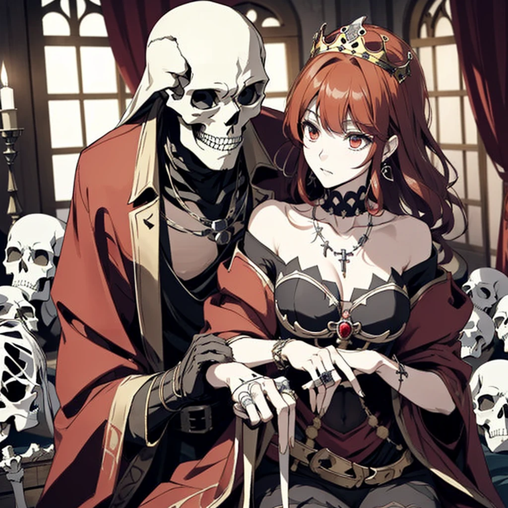 ((highest quality)), ((masterpiece)), (be familiar with), Perfect Face、The Enchanting Body of Celica（FE）、female１peopleと男１people、Red hair、The perfect proportions、semi-long、necklace、Bangles、Caster wheel、Luxury Accessories、first round、Fallen into evil、Skeleton Fall、Blank look、Engagement Rings、Hollow Eyes、Dark Room、Red magic circle on the floor、大量のSkeleton Candelabraと蝋燭、darkness、Skeleton Altar、A large number of skull objects、Big magic circle on the floor、Skeleton Candelabra、Luxury Jewelry、Skeleton Crown、Large skull pendant、empty eyes、Apathy、Expressionless、Bone ornaments、Skull Accessories、Temple of the Skeletons、Skeleton Crown、The 70-year-old Skull King is a man、A ton of skeletons、pregnancy、Last month of pregnancy、全naked、naked、Bones become clothes、wear bones、Becoming a bony body、７０The 20-year-old Skull King is my husband、bones costume、７０Become the wife of the 20-year-old Skull King、７０A friendly pairing with the aged Skull King、７０Cuddling with the old man Skull King、７０Old man Skull King is a skeleton、Black bed with luxurious bone decor、７０Hug and kiss the old man Skull King、Wear a skeleton on your head、incorporated into bones、Bed In、Making love in bed with 70-year-old Skull King、７０Being petted by the old man Skull King