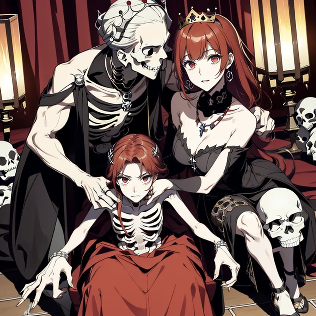 ((highest quality)), ((masterpiece)), (be familiar with), Perfect Face、The Enchanting Body of Celica(FE)、female1peopleと男1people、Red hair、The perfect proportions、semi-long、necklace、Bangles、Caster wheel、Luxury Accessories、first round、Fallen into evil、Skeleton Fall、Blank look、Engagement Rings、Hollow Eyes、Dark Room、Red magic circle on the floor、大量のSkeleton Candelabraと蝋燭、darkness、Skeleton Altar、A large number of skull objects、Big magic circle on the floor、Skeleton Candelabra、Luxury Jewelry、Skeleton Crown、Large skull pendant、empty eyes、Apathy、Expressionless、Bone ornaments、Skull Accessories、Temple of the Skeletons、Skeleton Crown、The 70-year-old Skull King is a man、A ton of skeletons、pregnancy、Last month of pregnancy、全naked、naked、Bones become clothes、wear bones、Becoming a bony body、70The 20-year-old Skull King is my husband、bones costume、70Become the wife of the 20-year-old Skull King、70A friendly pairing with the aged Skull King、70Cuddling with the old man Skull King、70Old man Skull King is a skeleton、Black bed with luxurious bone decor、70Hug and kiss the old man Skull King、Wear a skeleton on your head、incorporated into bones、Bed In、Making love in bed with 70-year-old Skull King、70Being petted by the old man Skull King