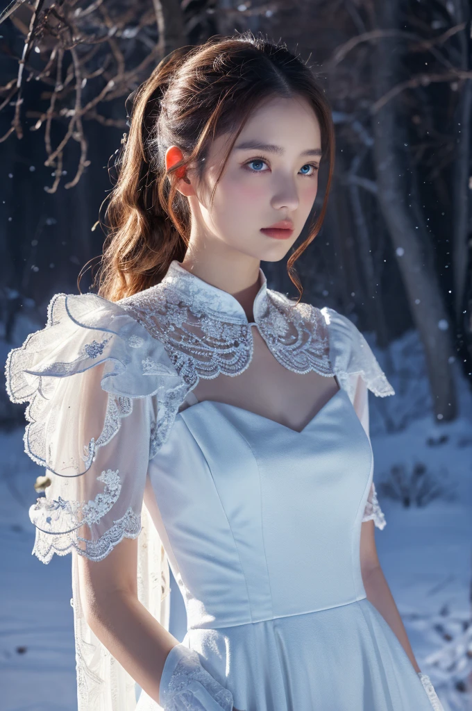 ( masterpiece, top quality, best quality,8k, girl,ultra detailed,raw photo:1.5),(photorealistic:1.4),(cinematic lighting), PerfectNwsjMajic, , Surrealism, UHD, ccurate, Super detail, textured skin, High detail, Best quality, dynamic angle, (high nose,White skin),[Beautiful blue eyes],[flat chest:large breasts:0.5],(1girl),(good anatomy:0.5)),a woman in a dress with a sword, a beautiful fantasy empress, ((a beautiful fantasy empress)), beautiful fantasy maiden,snow