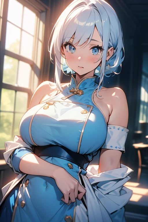 anime,1girl,pov,masterpiece,high quality,High resolution,HD,4K,8K,viscous paint,photo realistic,white hair,(Blue clothe:1.5),Nurse,Ao Dai,Cape,(open shoulders:1.4),underbust,(bustshaping:1.2),(boob shaped clothes:1.3),