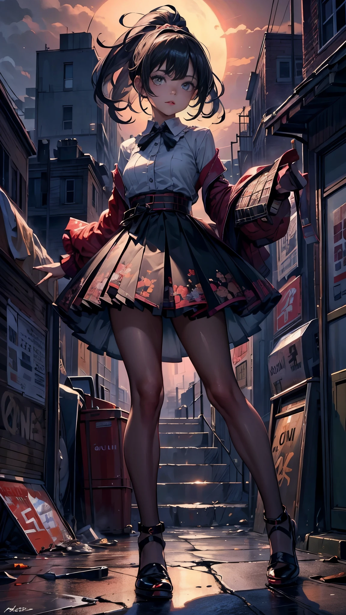((looking at the camera in:1.2)),(nearing perfection:1.4),dynamic,smooth private parts,Focus sharp,Lighting,Vibrant brushstrokes, bold colour,Be expressive, Emotional, offcial art,Unity8k wallpaper,ultra - detailed,Beautiful and beautiful,tmasterpiece,Best quality at best,1 girl,beautiful eyes,The content is very detailed,dynamic,(Ruffled skirt),(medium:1.3),Chaos in its most beautiful form,Elegant,designs,Vibrant colors,(Corner store,fleeing,the night,shoe),8k,