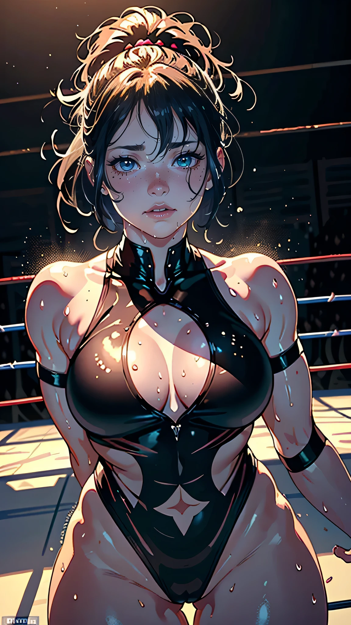 masterpiece, highest quality, (Highly detailed CG Unity 8k wallpaper), (highest quality), (Best illustrations), (Best Shadow), Confused, Realistic lighting, (abyss), Beautiful and delicate shine,Random Pause,((Bare skin wet with sweat,Female professional wrestler)),Cute freckles on the cheeks,Mole under left eye,Cowboy Shot,Hair wet with sweat,Luxuriously decorated wrestling costume,