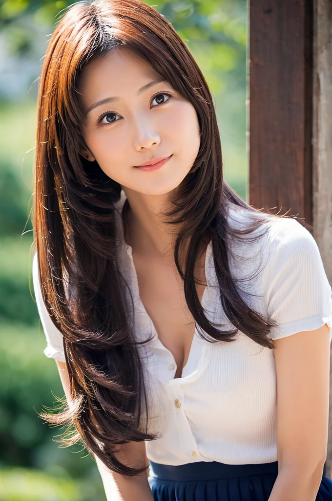 (Highly realistic photos, High resolution, Detailed face, Fine grain) Skinny Japanese woman, 40 years old, wife, Cute face, alone:1, Nice body, Thin body type, Small breasts, Mr.々Hair style, White shirt, Accentuates a very slim waist, pose for the audience, Full body photo,お姫Mr.カットのヘアスタイル