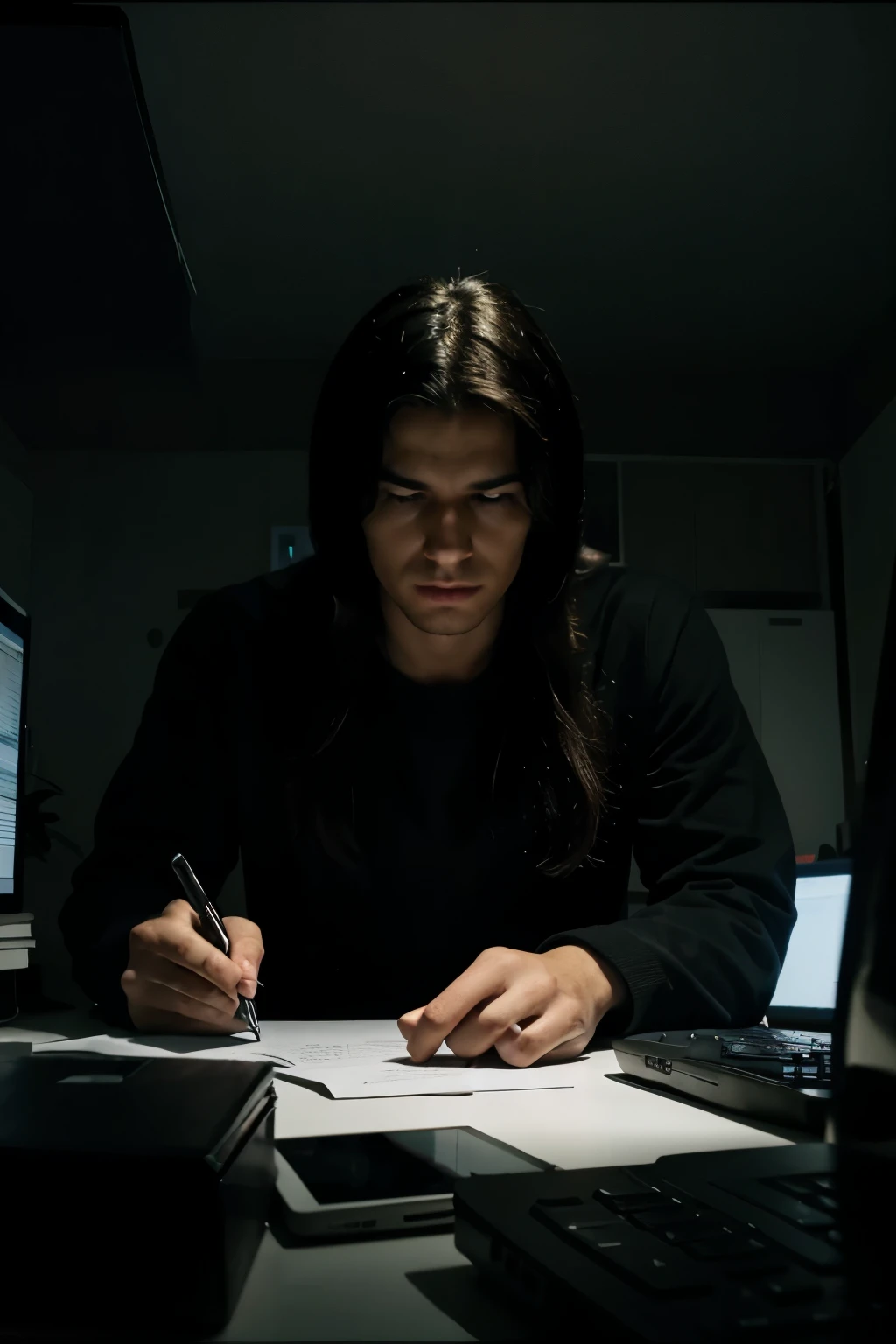 Scammer, on the computer, in a dark room