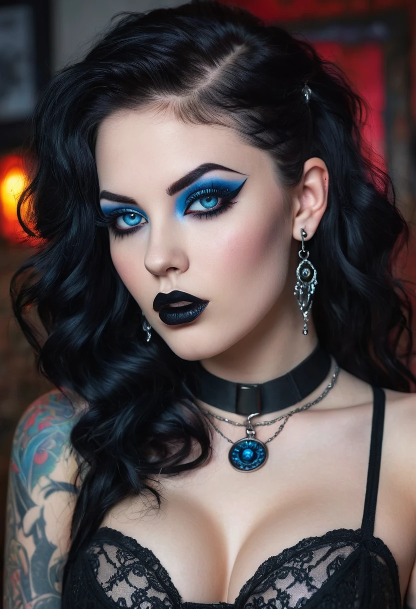 Hyper realistic photo perfect goth vampire, sexy seductive facial features, tattooed face, smooth snow white skin, thin curved black eyebrows. Black eyeliner, dark black eye shadow, neon blue eyes, crazy eyes, thick black lipstick, curved lips, extremely detailed long black wavy hair, vibrant red highlights, earrings, lip piercings, choker collar with chains, complete fullbody, larg voluptuous breast,detailed small perky nipples, devil tattooed breast,devil tattooed Sternum underboob, devil tattooed stomach, slim waist, toned hips, toned thighs, devil tattooed back, devil tattooed hips, age vagina, perfect pussy, thick toned ass, devil tattooed vagina, devil tattooed ass,