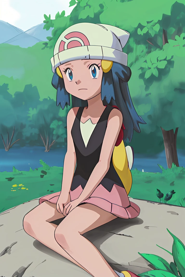 masutepiece, Best Quality, hight resolution, Outdoors, 1girl in, Solo, dawn(The pokemon), (((sitting 1.2))) 