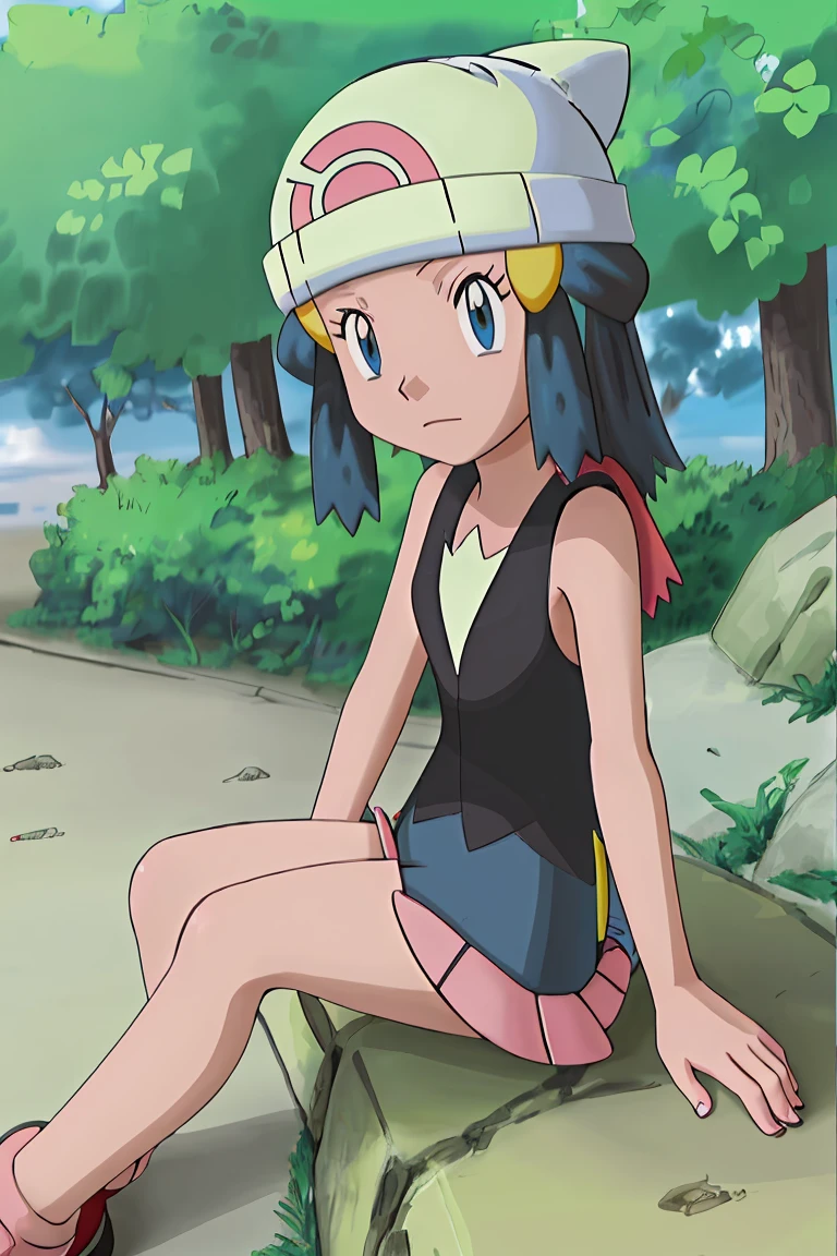 masutepiece, Best Quality, hight resolution, Outdoors, 1girl in, Solo, dawn(The pokemon), (((sitting 1.2)))