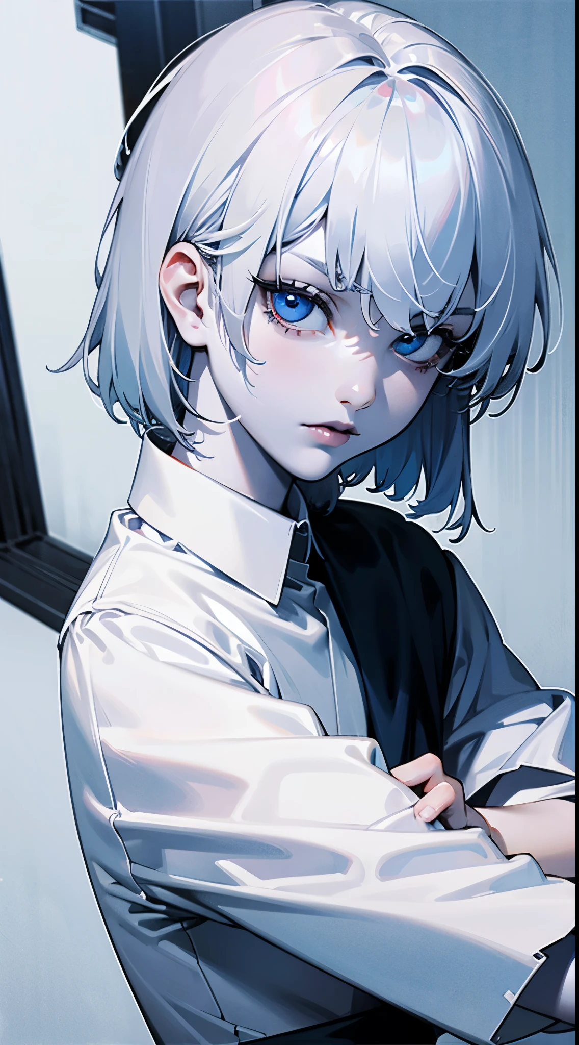 Boy, silver hair, blue eyes, serious sharp features, white skin, T-shirt sleeves