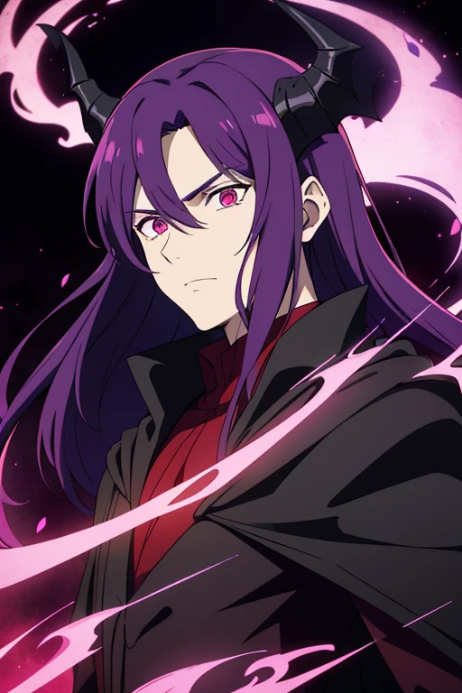 (high-quality, breathtaking),(expressive eyes, perfect face) 1male, male, solo, medium length hair, multi colored hair, black and purple hair color, unkept hair, pink eyes, demon horns, bat wings, demon , black cloak, red shirt, fantasy mage clothing, portrait, upper body, magic, devil tail
