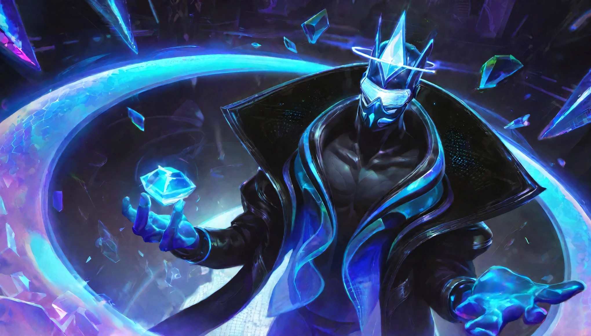 best aesthetic, lolsplashart, 1man, man wearing a futuristic neon black suit jacket with the collar glowing blue, plain black futuristic mask, glowing shades of blue and purple, long light cyan hairstyle, floating glowing light cyan crown, wears a blue crystal in the centre of his chest, full body in the frame, no skin showing, no face
